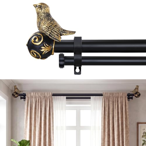 Double Curtain Rods for Windows 28-48 Inch, Gold Bird Finials - size: 28-48