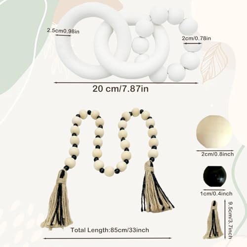 2 pcs Decorative Wood Knot Link Chain and Bead Decor, White Wooden Knot Decor for Coffee Table Farmhouse Decortive for Home Boho Modern Shelf Decortion(White) - color: White