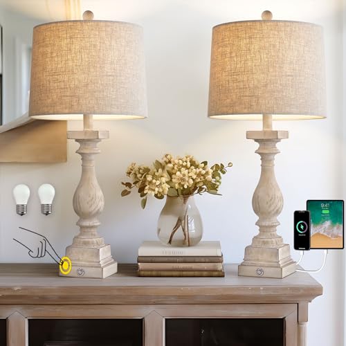 BOBOMOMO 27" Farmhouse 3-Way Dimmable Touch Control Table Lamp Set of 2 with USB A &USB C Charging Ports for Bedroom Living Room Vintage Rustic Traditional Nightstand Bedside Lamps (2 Bulbs Included) - color: Warm Beige