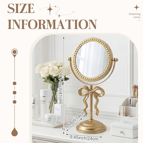 Novabright 7" Golden Bow Vanity Mirror, Swivel Makeup Mirror Stable Base