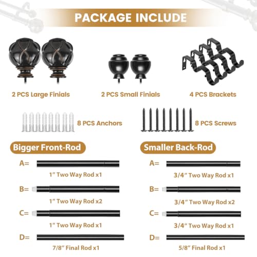 KAMANINA Double Curtain Rods for Windows 72 to 144 Inch, Adjustable, Black - color: Black, size: 72-144"