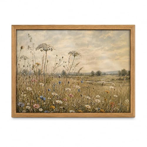 Wildflower Meadow Canvas Wall Art Framed Rustic Farmhouse Decor 16X12 Inch | Ready to hang vintage floral meadow landscape farmhouse style painting picture poster living room bedroom entryway foyer - color: Wildflower Meadow 05, size: 16"L x 12"W