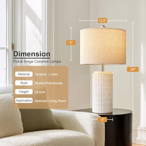 PoKat 24" Modern Ceramic Table Lamps Set of 2 for Bedroom, White Bedside Lamps for Night Stands, Farmhouse Desk Decor Nightstand Table Lamps for Living Room End Table Beige