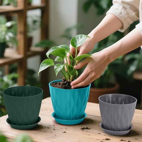 GARDIFE 7 Pack Plant Pots 4-7 inch with Drainage Holes and Tray, Green - color: Color-green