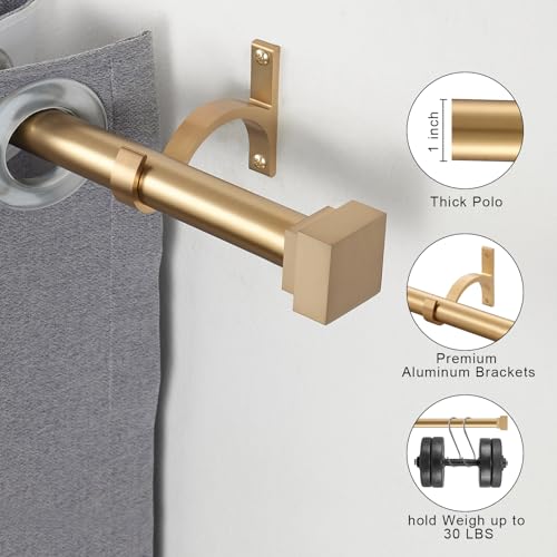 Single Curtain Rods for Windows 28 to 48 Inch(2.3-4ft),1 Inch Diameter Adjustable Heavy Duty Drapery Rods,with Modern Square Aluminum Alloy Finials,Warm Gold - color: Warm Gold, size: 28-48"