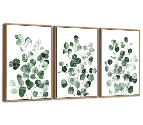 NINEASO Sage Green Eucalyptus Leaf Framed Wall Art - Minimalist Botanical Canvas Pictures with Natural Wood Frames, Modern Plant Painting Print for Living Room Bedroom Wall Decor, 36 x 24in * 3 - color: Green Eucalyptus Leaf, size: 36"L x 24"W