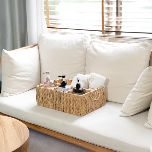 KOKODO Divided Storage Basket Woven Natural Basket Hyacinth for Organizing Bathroom Pantry Shelves Office Supplies Organization Everyday Wicker Storage Baskets 4 Section Rectangular Tray - size: 15.5x10.5x5.5
