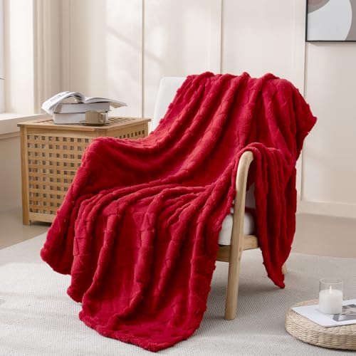 Red Fleece Throw Blanket for Couch Sofa 50”x60” with Diamond Checkered - color: Red, size: Throw(50"x60")