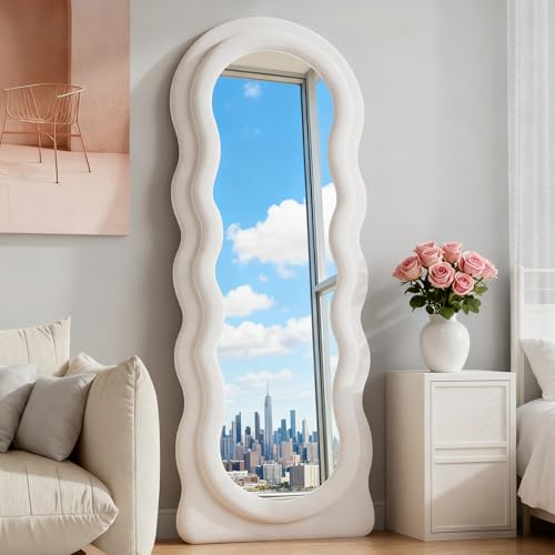 Full Length Mirror, 63"x24" Wavy Floor Mirror, Arched Standing Mirrors Full Length, Cloud Shaped Flannel Wall Mirror, Dressing Body Mirrors Hanging or Leaning Against Wall for Bedroom (White) - color: Wavy - White