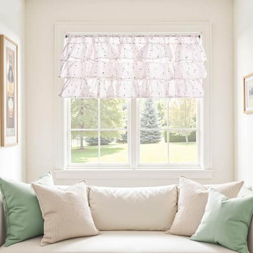 jinchan Mini Pom-Pom Ruffled Valance for Windows 18 Inch 1 Panel Red - color: Dottie Blush Meadow