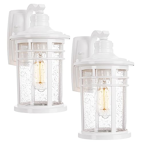 Darkaway Outdoor Porch Lights Wall Mount, Outdoor Light Fixtures Sconces Wall Lighting with Seeded Glass Waterproof Exterior Lights for Patio Yard House Hallway Doorway Garage(2 Pack, White) - color: White-Seeded Glass, size: 11.81"-2Pack