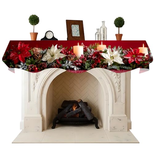 NYZE Christmas Mantel Scarf 60 x 17 Inch Fireplace Mantel Scarf Cover Decoration for Christmas Fireplace Scarf Shelf Top Runner Holiday Winter Home Decor - size: 60 x 17 in, style: Wreath