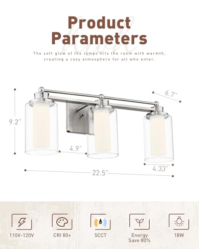 HWH Modern Bathroom Light Fixtures, Clear Glass, 5CCT, 5HLT63B-3W-LED BN - color: Brushed Nickel + LED, size: 3 Lights
