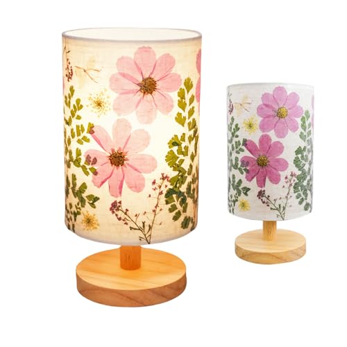 Dried Flowers Small Table Lamp 5W LED 3-Color Bedside Lamp Pressed Flowers Lampshade with Wood Base for Bedroom Living Room Desk Nursery - color: Flower-3-Color
