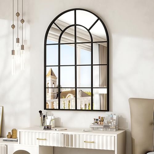 24"×36" Windowpane Arched Wall Mirror with Metal Frame, Black - size: 36"L x 24"W