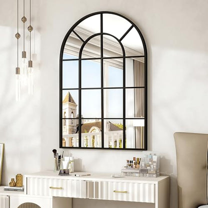 24"×36" Windowpane Arched Wall Mirror with Metal Frame, Black - size: 36"L x 24"W