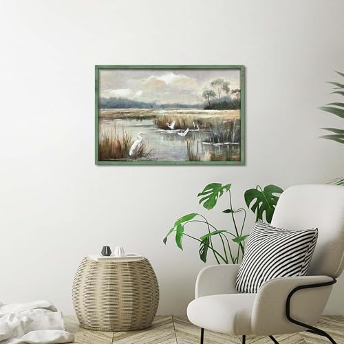 HILL WEST Rustic Landscape Painting Lake Bird Framed Wall Art, 36x24inch - color: Bird, size: 36"L x 24"W