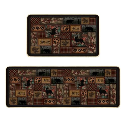 Cabin Kitchen Mats for Floor,Rustic Rug,Deer Country Lodge Wildlife,Vintage Kitchen Rug Set of 2 Washable Floor Mats Non Slip Rubber Runner Rugs Standing Mat Area Rugs for Stove,Sink,17x29+17x47 inch - color: Brown