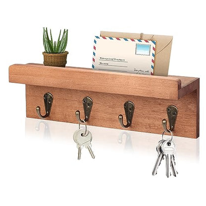 Key Holder Wall Mount, Farmhouse Wall Shelf with 4 Hooks for Entryway - color: Brown - Oak