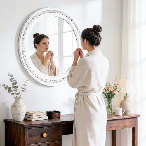 27 Inch Round Wood Beaded Wall Mirror, Farmhouse Circle Mirror - color: White