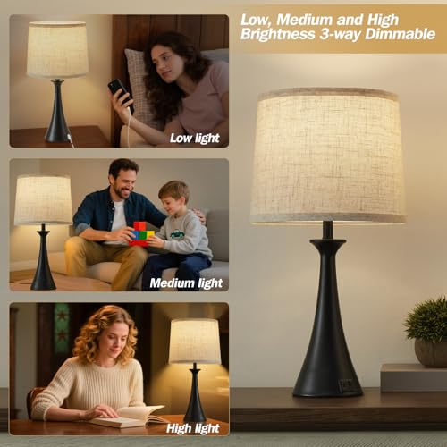 Touch Table Lamps Set of 2, 21" Bedside Lamps with USB C+A, Black - color: Black 2pcs
