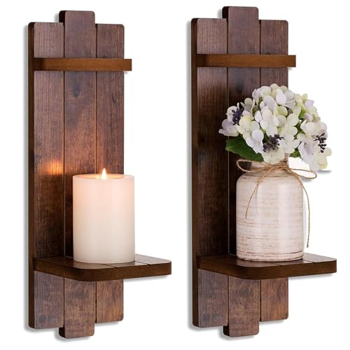 Wood Wall Candle Sconces Set of 2, Distressed Brown - color: Brown, size: 15.7in x 5.1in
