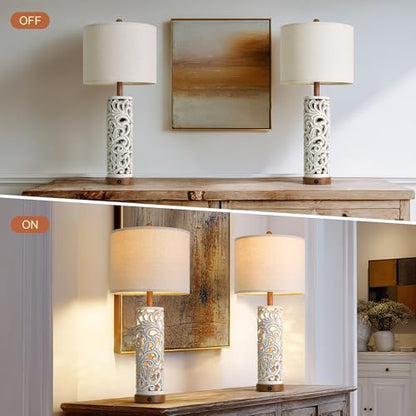 OYEARS 2-in-1 Light Table Lamp Set of 2 for Living Room, 28.5" Farmhouse Bedside Lamps with USB Charging Port, Main&Night Light & Dual Switches, Nightstand Lamp for Bedroom Home Office(Bulb Included) - color: Washed White and Brown