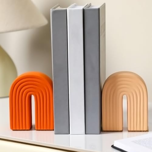 Harloon 2 Pcs Concrete Bookends Heavy Boho Arch Book Ends Decorative Rainbow Arch Shelf Back to School Gift Book Stopper Holders for Modern Home Office Desk Aesthetic Decor