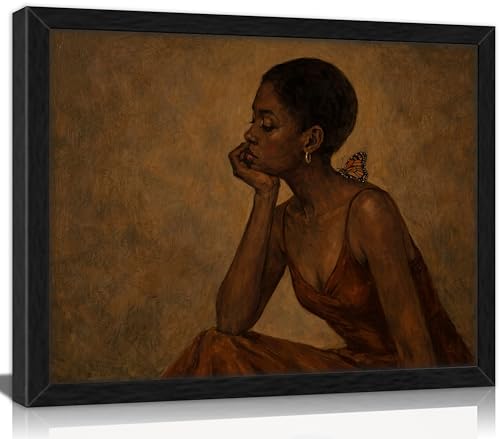 Framed Black Woman Canvas Wall Art, African American Girl Prints Painting | Abstract Black Woman Brown Tone Portrait Picture Wall Decor Afrocentric Poster Artwork for Living Room Bedroom Home Decor - color: butterfly girl, size: 10"L x 8"W