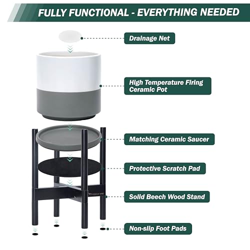 D'vine Dev Ceramic Pot with Ebony Wood Stand, White/Grey, 8 in, 55-B-M-6 - color: White/Grey Pot + Ebony Stand, size: 8 Inch