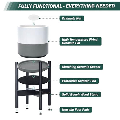 D'vine Dev Ceramic Pot with Ebony Wood Stand, White/Grey, 8 in, 55-B-M-6 - color: White/Grey Pot + Ebony Stand, size: 8 Inch