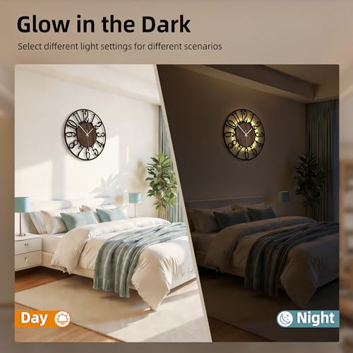 20" Silent Wall Clock – Adjustable Night Light, Battery Operated - color: Black Walnut - Arabic Numerals, size: 20 inch(50 cm)