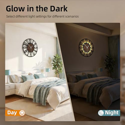 20" Silent Wall Clock – Adjustable Night Light, Battery Operated - color: Black Walnut - Arabic Numerals, size: 20 inch(50 cm)