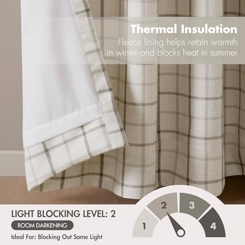Madison Park Plaid Curtain, Fleece Lining,1 Panel, 50x84 Natural Front Tab - color: Rod Pocket & Front Tab With Button, Natural, size: 50"W x 84"L (Pack of 1)