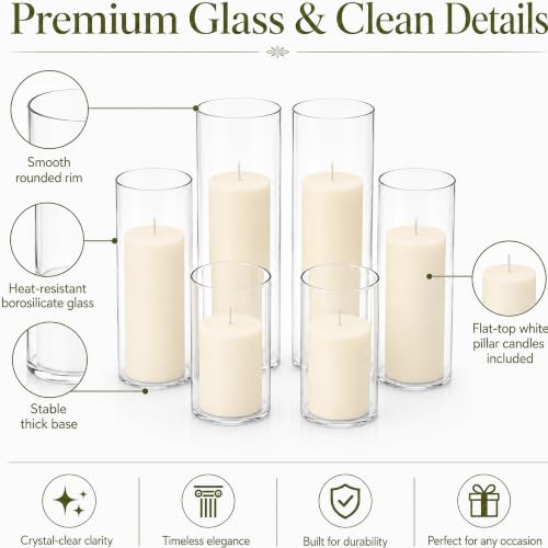 Set of 6 Pillar Candles with Clear Glass Hurricane Holders- Elegant Cylinder Candle Vases for Weddings, Parties, Centerpieces, Home & Office Decor (Lvory White, 6 Set) - color: Lvory White