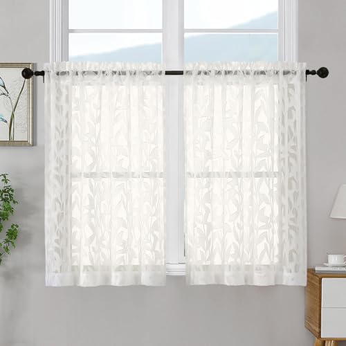 OWENIE Leyna 36 Inch Length Ivory Sheer Curtains Tiers 2 Pieces, Modern Leaf Jacquard Textured Short Kitchen Window Curtain for Living Room Bedroom, Modern Double Rod Pockets, 40Wx36L Inches - color: Ivory, size: 40"W x 36"L (Pack of 2)