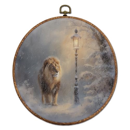 DOFQZ Winter Lamppost and Lion Round Wall Art Decor, Farmhouse Winter Bookish Framed Wall Art, Cottagecore Wildlife Canvas Wall Hanging Decor for Reading Nook Corner Room Library, 10x10 - color: 04Child