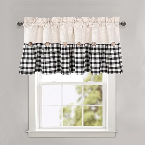 DOSLY IDÉES Farmhouse Rustic Linen and Black Plaid Cotton Valance, Buffalo Pleated Design with Coconut Buttons, Multi-Room Window Treatment for Kitchen, Living Room, Bedroom, 52" W x 18" L - color: Linen & Black Plaid, size: 52"W x 18"L (Pack of 1)