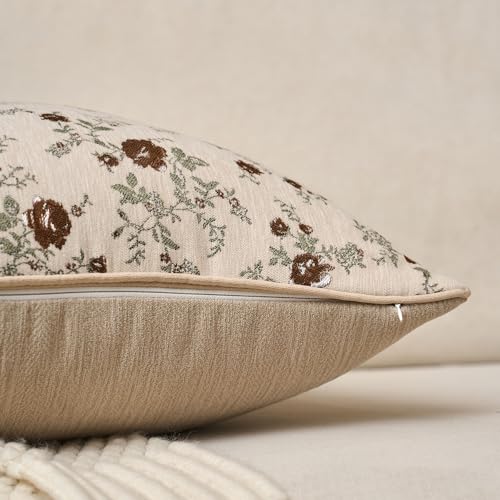Spring Flower Throw Pillow Cover 24x24 Inches Beige Vintage Floral Pillow Cover Farmhouse Summer Cushion Cover Leaf Retro Chenille Pillowcase Home Decor for Sofa Living Room Couch - color: Beige, size: 24" x 24" (Pack of 1)