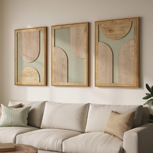 Framed 3D Wood Boho Abstract Textured Wall Decor Living Room, 24x36 Inch - color: Neutral Grey Green