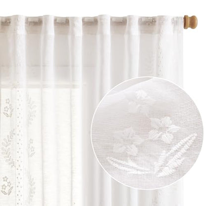jinchan Floral Linen Curtains, Back Tab 50x63 Inch, 2 Panels White - color: S | White, size: 50"W x 63"L (Pack of 2)
