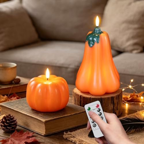Wondise Fall Decorations Flameless Wax Pumpkin Candles with Remote Timer - color: 3-Orange