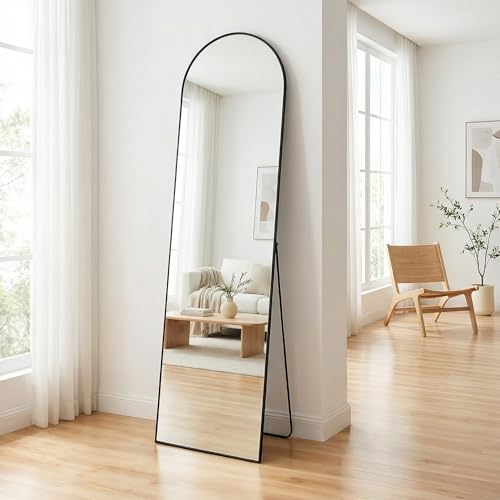 55"x16"Inch Full Length Mirror with Stand, Arched Aluminum Frame Wall Mirror & Freestanding Hanging Mounted Mirrors, Tempered Glass Full Body Mirrors for Bedroom, Living Room Decor,Black - color: Arch-black, size: 55"L x 16"W