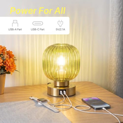Elenhome Touch Table Lamp Set of 2, 3-Way Dimmable with Glass Shade, USB-C+A Charging Ports, Mid-Century Modern Small Bedside Lamps for Nightstand, Bedroom, and Living Room, LED Bulb Included (Green) - color: Green_2pack