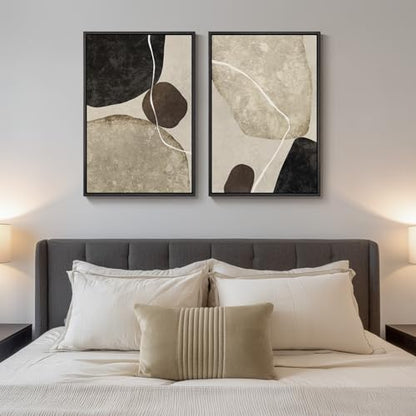 Framed Modern Black Beige Brown Abstract Canvas Wall Art Set of 2, 16x24 In - color: Stone-Inspired Abstract, size: 16" W x 24" H x 2Pcs