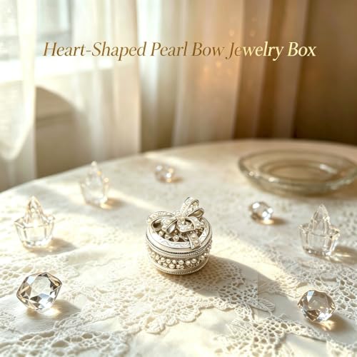 Metal Enamel Pearl Bow Jewelry Box Mini Trinket Storage Gift for Jewelry - color: Heart
