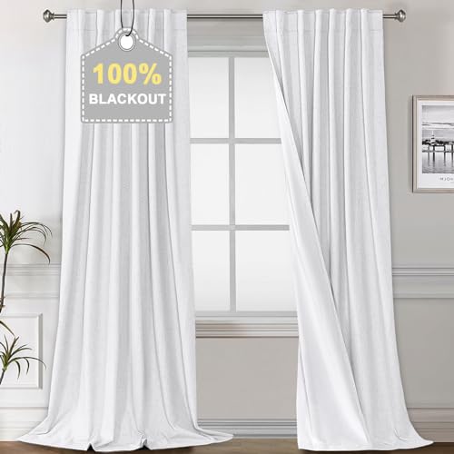 H.VERSAILTEX White 100% Blackout Faux Linen Window Curtain Panels Heat and Full Light Blocking Drapes for Nursery, Back Tab 84 inches Thermal Insulated Draperies 52 inches Wide Each Panel, 2 PCs - color: White, size: 52"W x 84"L (Pack of 2)
