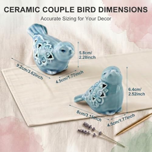 Blue Bird Figurines for Home Decor, 2 Piece Farmhouse Ceramic Bird Statue Sculpture Birds Ornaments for Entryway TV Stand Bookcase, Cute Birds Small Shelf Desk Decor (Blue)