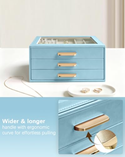Homeanda Jewelry Boxes Organizer with Glass Lid, 3-Layer PU Leather, Blue - color: Smoky Blue, size: 3 Layer