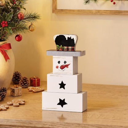 Smile 3 Pcs Winter Christmas Indoor Decoration, Wooden Sign Tabletop Retro Decor, Snowman Blocks, Ornaments for Home Shelf Mantel Fireplace. - style: Snowman